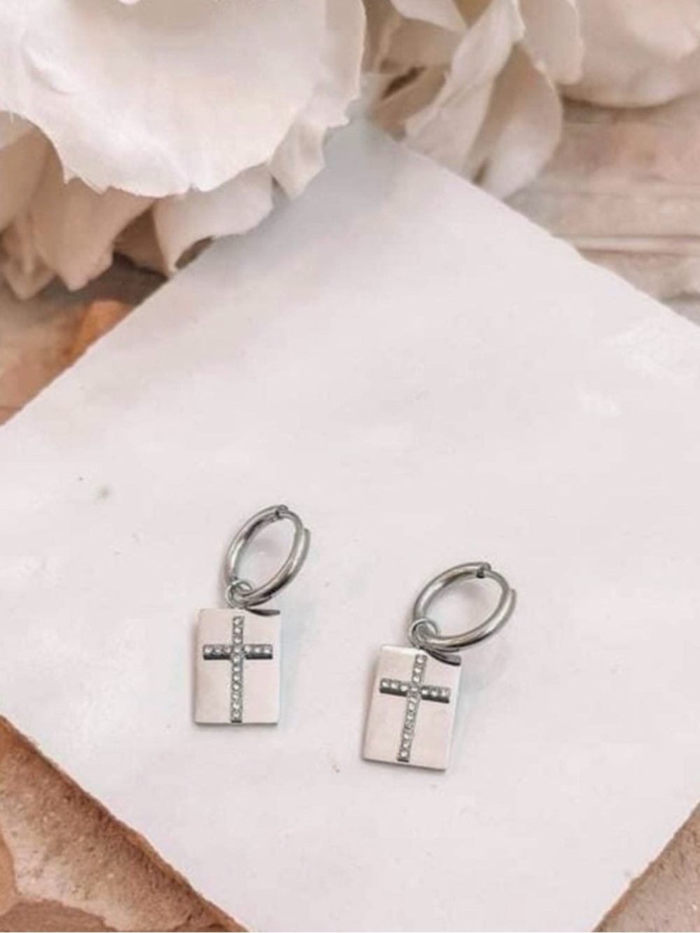 Heavenly Silver Crystal Cross Huggie Hoop Earrings with Removable Cross Pendant